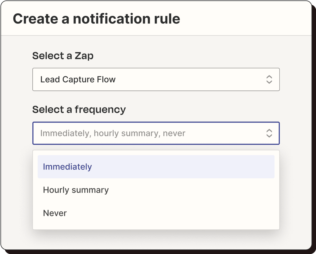 A graphic showing the steps to set up a notification rule: select a Zap, select a frequency (immediately, hourly, never)
